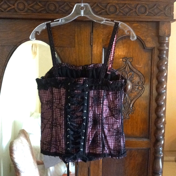TRIPP NYC CORSET , BLACK SPIDER WEB LACE OVER GINGHAM L / XL - Picture 2 of 9
